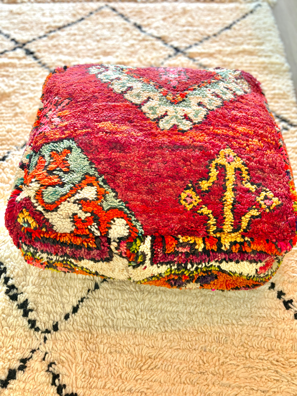 Moroccan Handmade Wool Pouf – Vintage Berber Floor Cushion