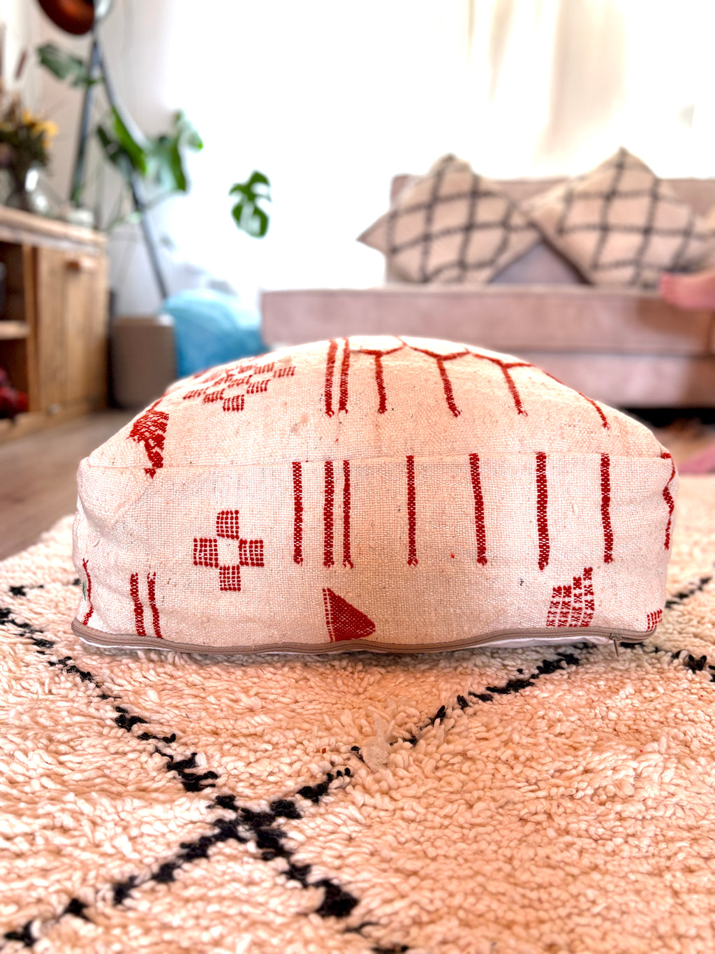 Vintage Moroccan Berber Floor Pouf – Handmade Wool