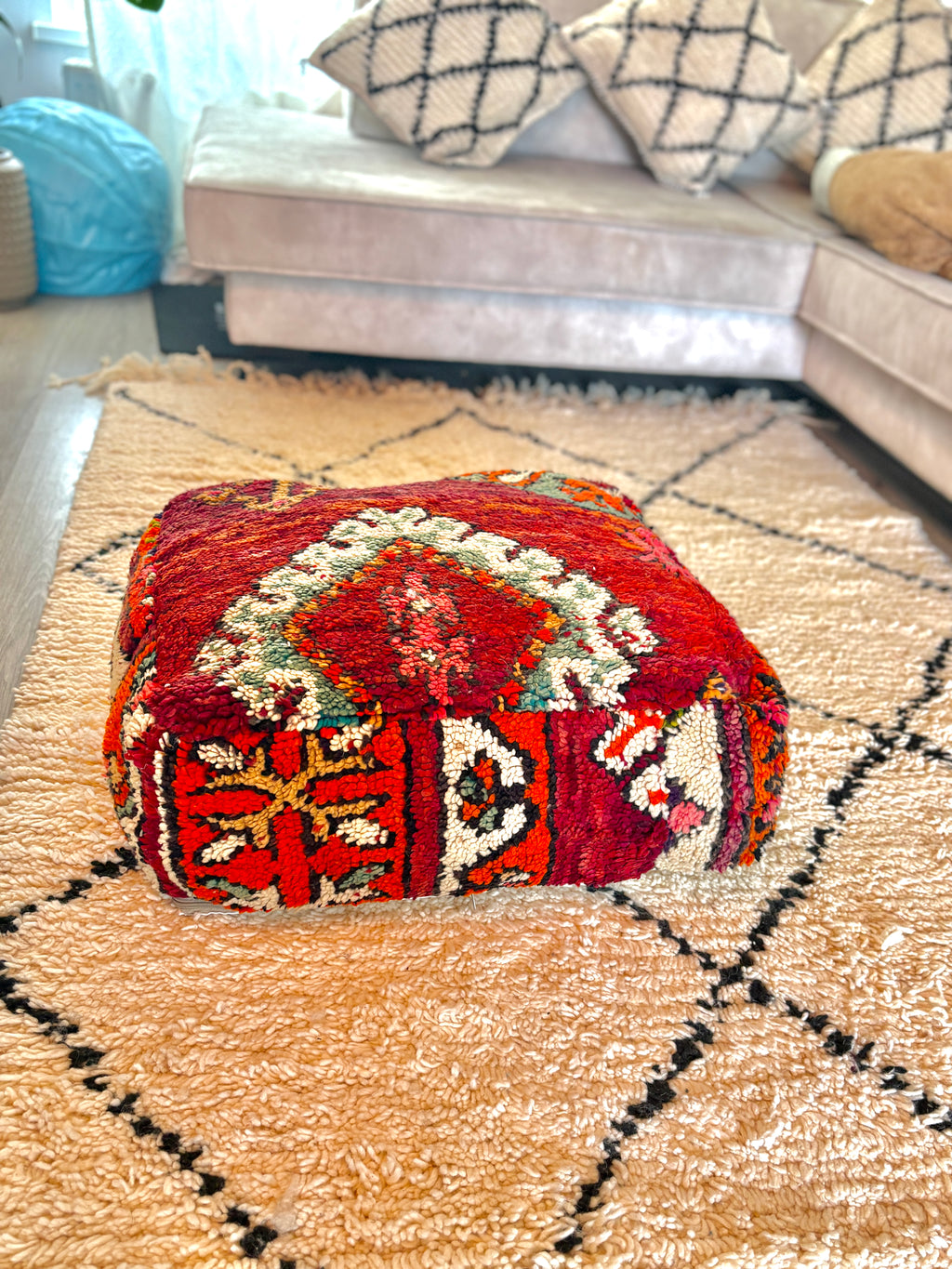 Moroccan Handmade Wool Pouf – Vintage Berber Floor Cushion