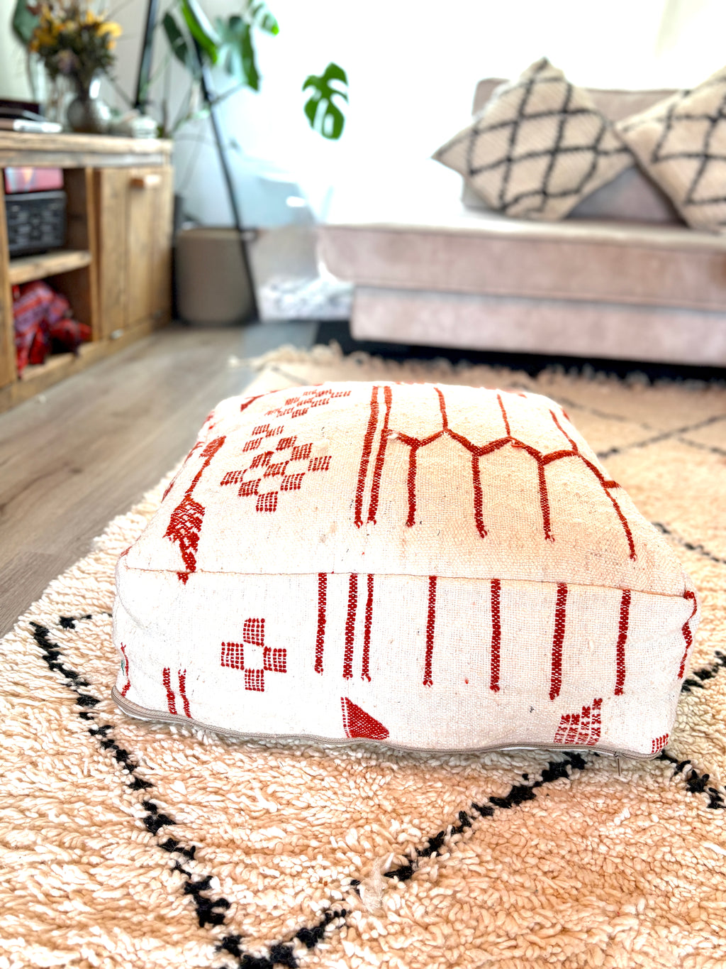 Vintage Moroccan Berber Floor Pouf – Handmade Wool