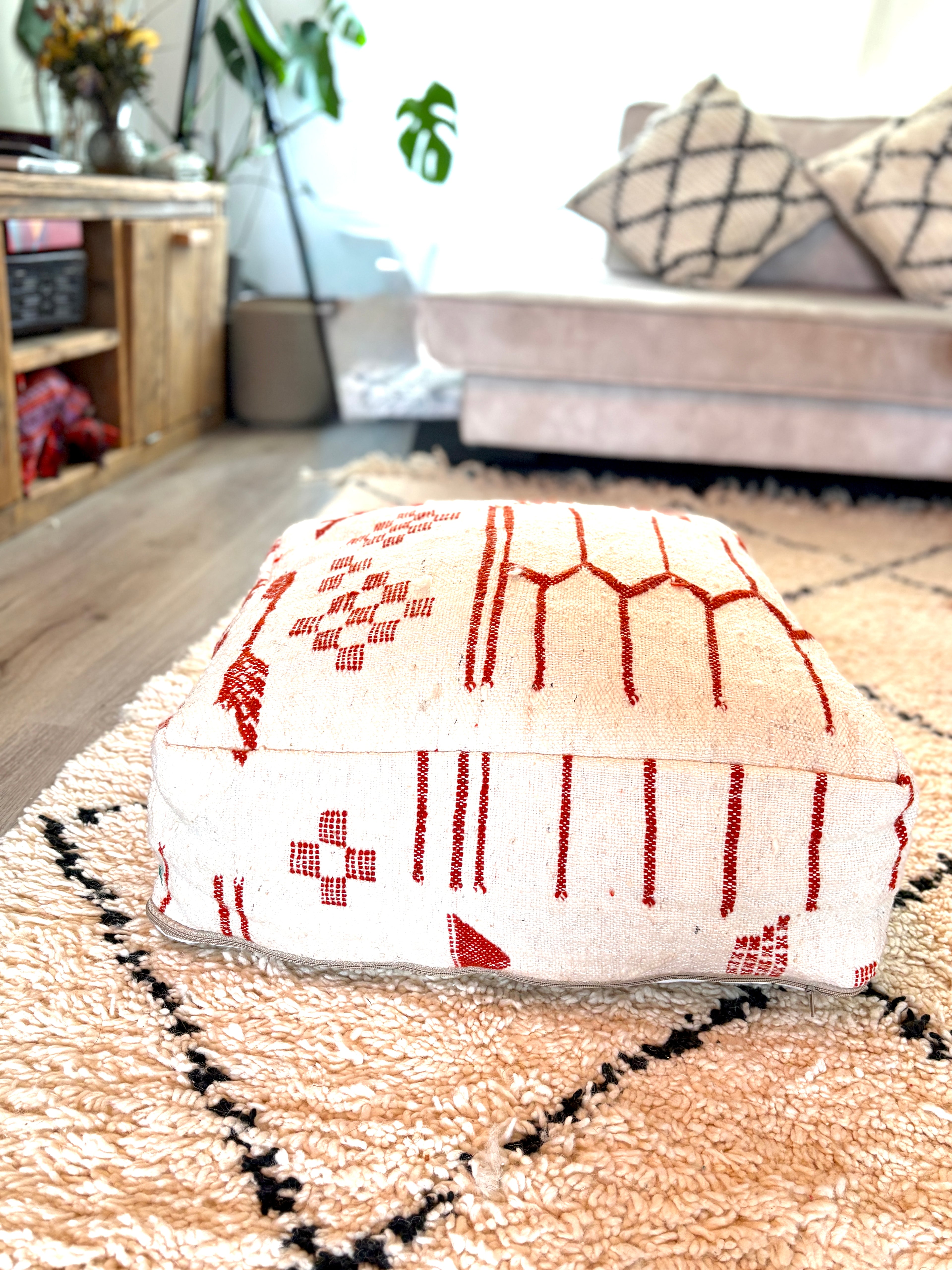 Vintage Moroccan Berber Floor Pouf – Handmade Wool