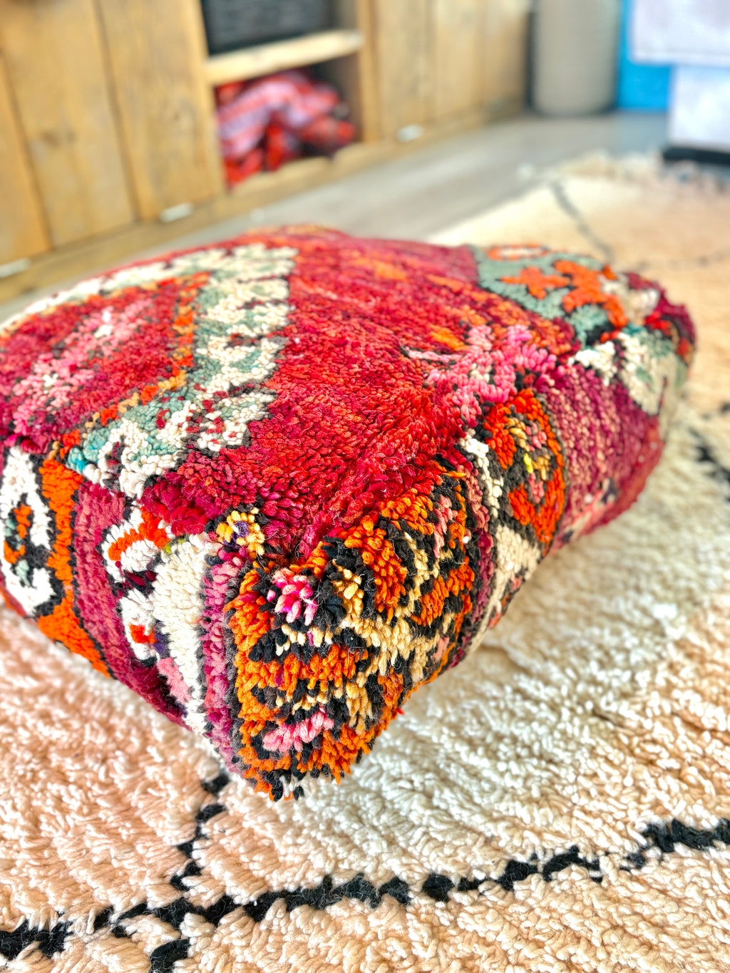 Moroccan Handmade Wool Pouf – Vintage Berber Floor Cushion