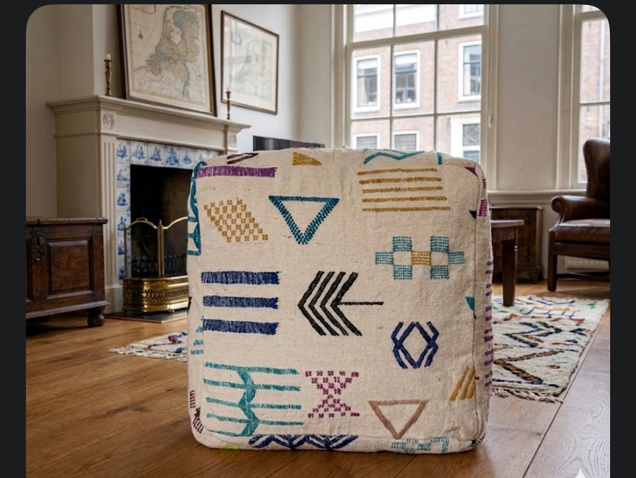 Handmade Moroccan Berber Floor Pouf – Wool Ottoman