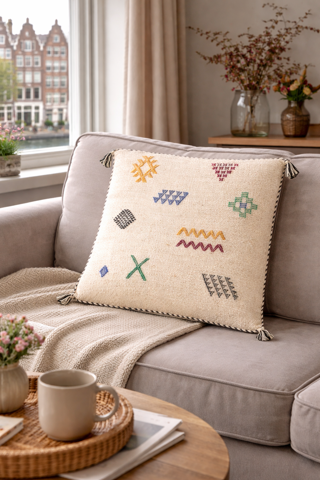 Moroccan Handmade Embroidered Pillow Cover – Bohemian Decorative Cushion