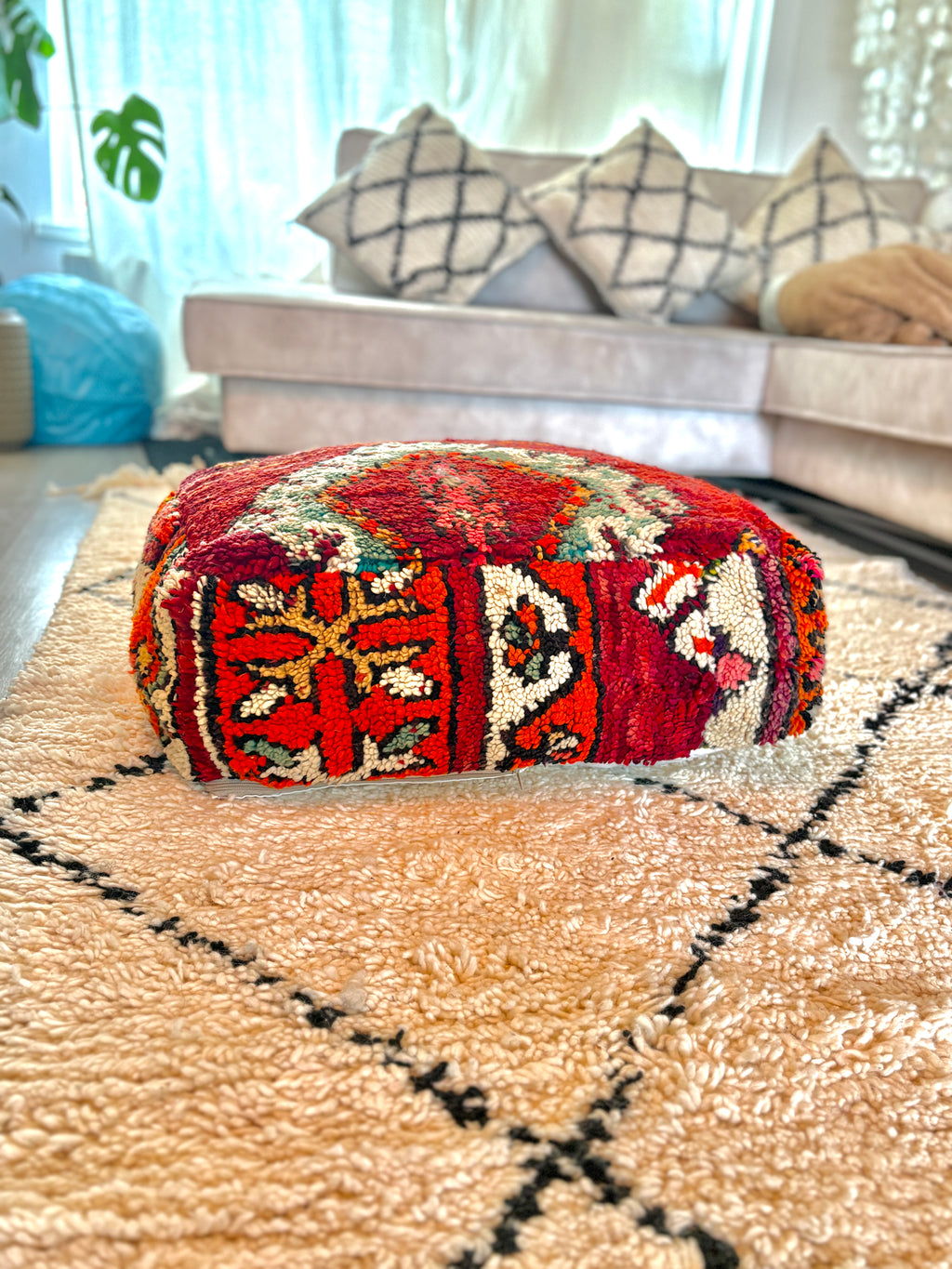 Moroccan Handmade Wool Pouf – Vintage Berber Floor Cushion
