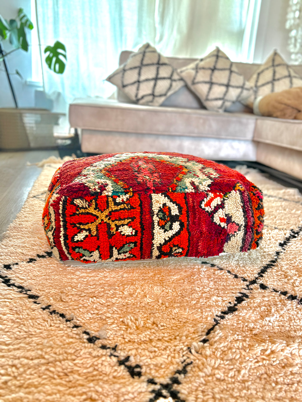 Moroccan Handmade Wool Pouf – Vintage Berber Floor Cushion