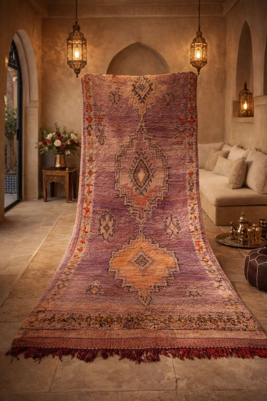 Vintage Moroccan Boujad Rug – Handwoven Berber Wool Carpet 375-150