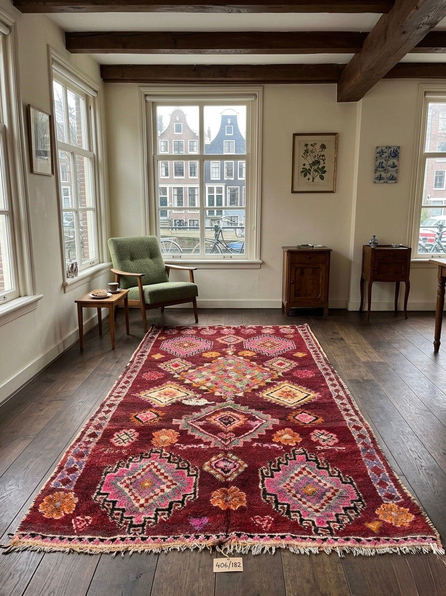 Vintage Moroccan Boujaad Rug – 406 × 182 cm