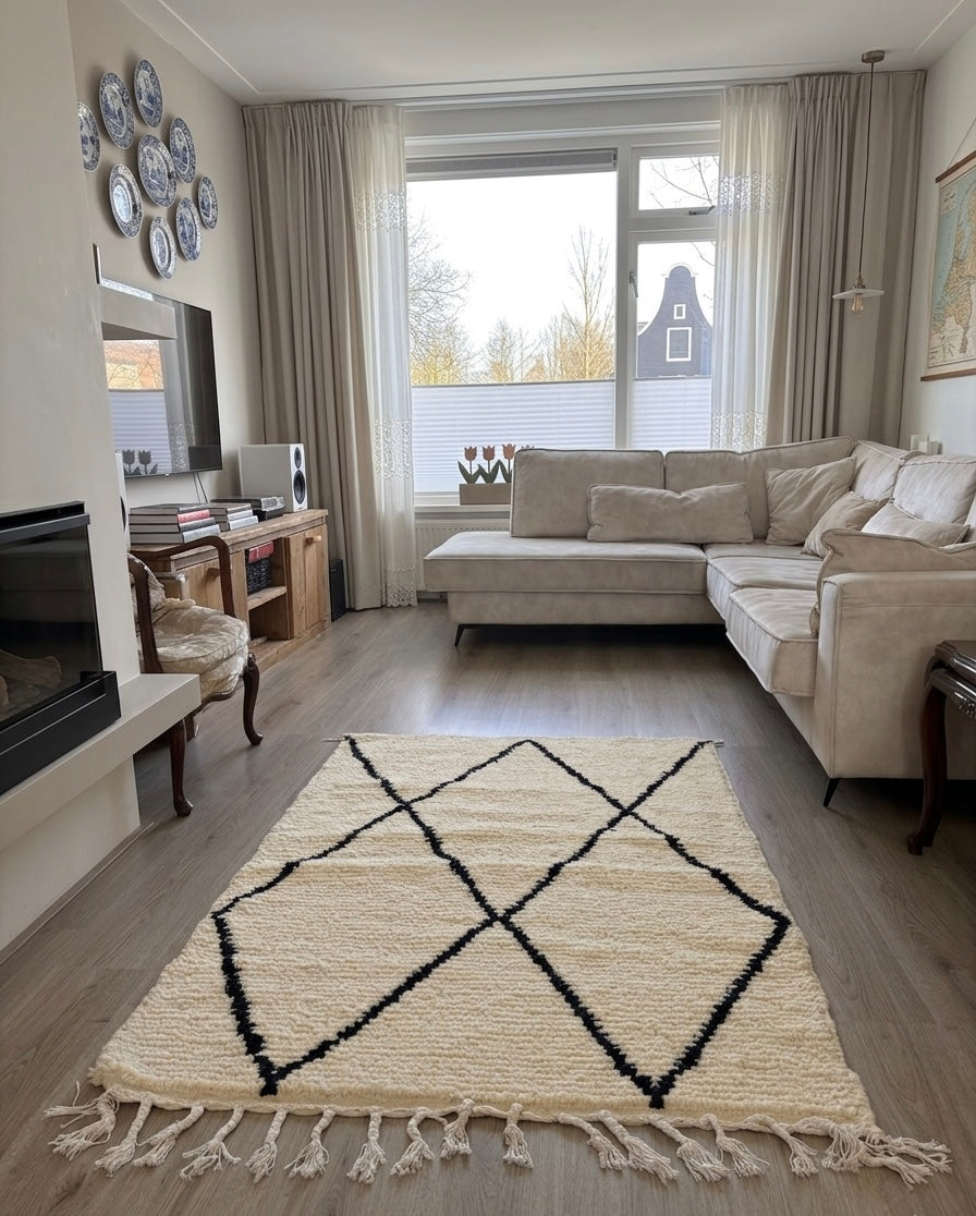 Handgemaakt Marokkaans Beni Ouarain vloerkleed – 150 × 110 cm