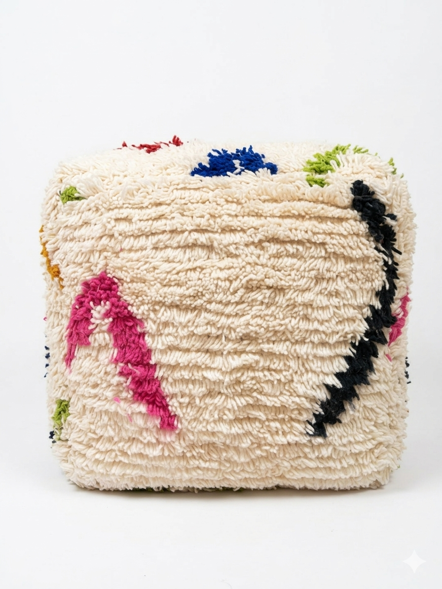 Moroccan Handmade Beni Ourain Style Pouf – Wool Floor Cushion